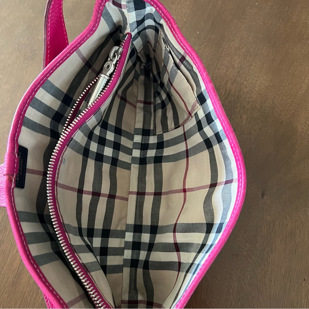 Women’s Burberry Pink Leather Shoulder Baguette Bag Plaid Liner Silver Hardware - Picture 7 of 15